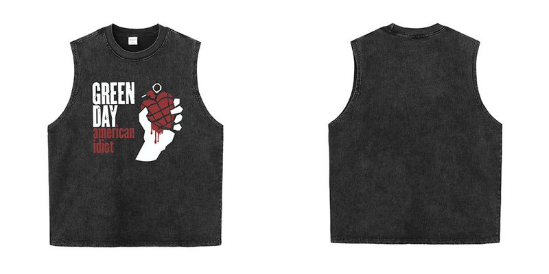 Herrenbekleidung Washed Old Grey Retro American Street Rock Weste Keine Länge Kurzarm-T-Shirt_voghion.com
