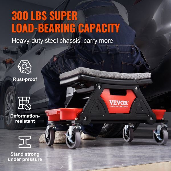 Mechanics Stool, 300 LBS Capacity Rolling Mechanic Seat With 4' Wheels, With Three Slide Out Tool Trays And Drawer, Heavy Duty Roller Creeper Seat_voghion.com