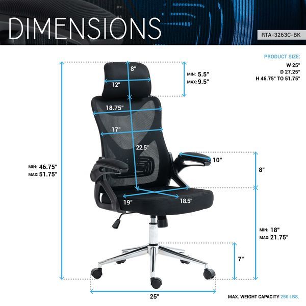 Techni Mobili Essential Ergonomic Office Chair With Headrest & Lumbar Support, Black_voghion.com