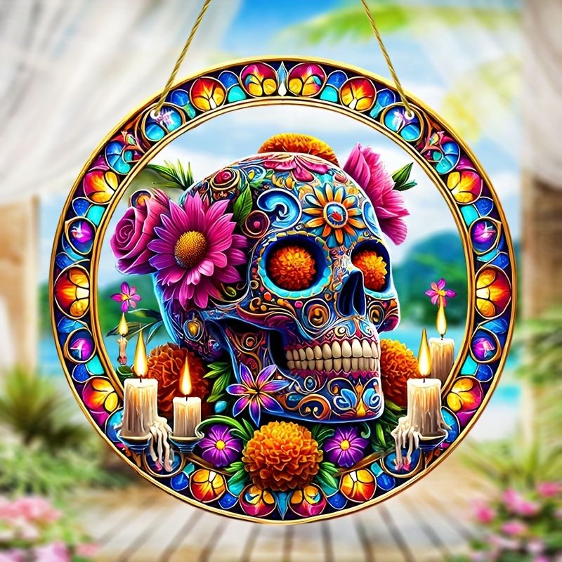 Acchiappasole vibrante a forma di teschio di zucchero - Arte in acrilico colorato da 23 cm. Decorazione festiva per le celebrazioni del Dia de Muertos o per gli spazi dei bar._voghion.com