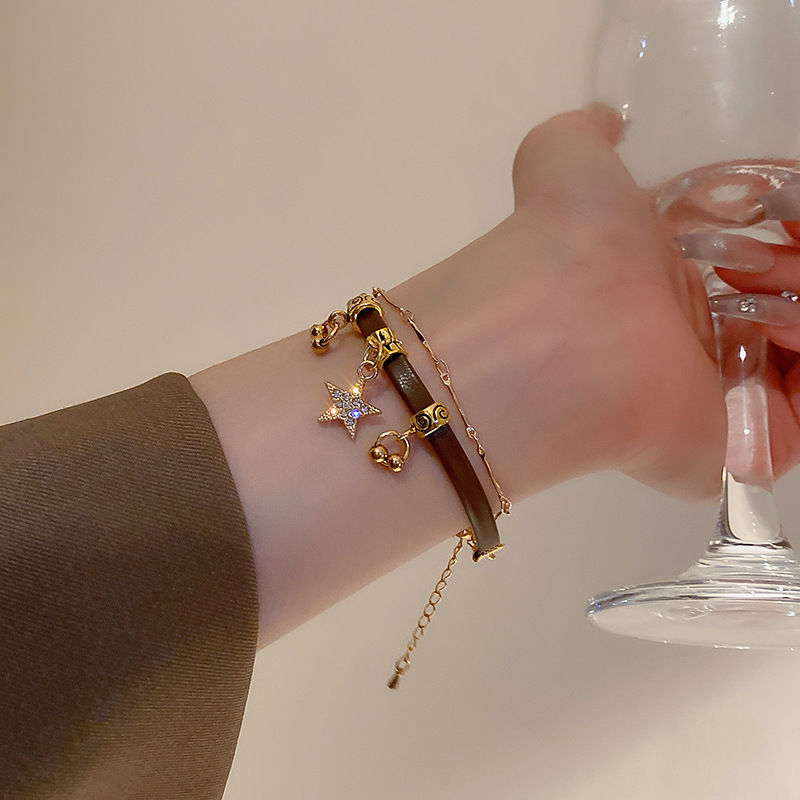 Mit Diamanten eingelegter Gürtel, Kette mit Sternglockenmuster, doppellagiges Armband, französisches Nischendesign, neues Armband für Damen_voghion.com