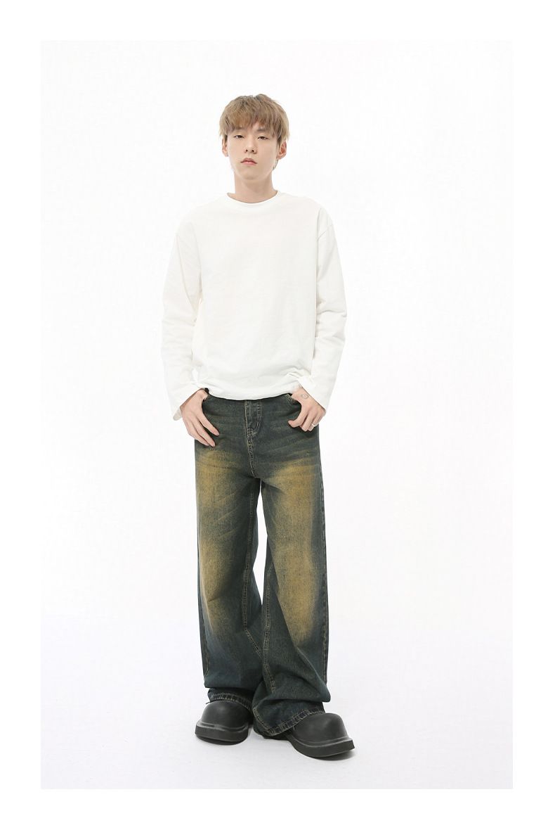 Men's Clothing Autumn New Arrivals Korean Distressed White Wide leg Straight Jeans Trend_voghion.com