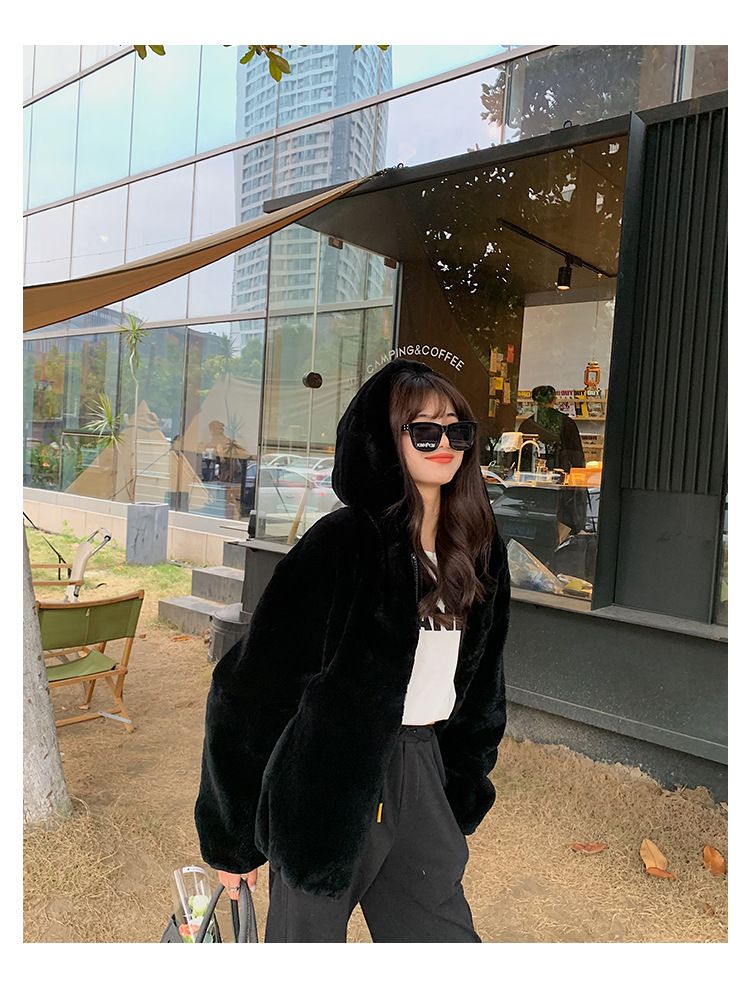 Giubbotto bomber in pelliccia sintetica alla moda – Cappotto invernale con cappuccio per donna_voghion.com
