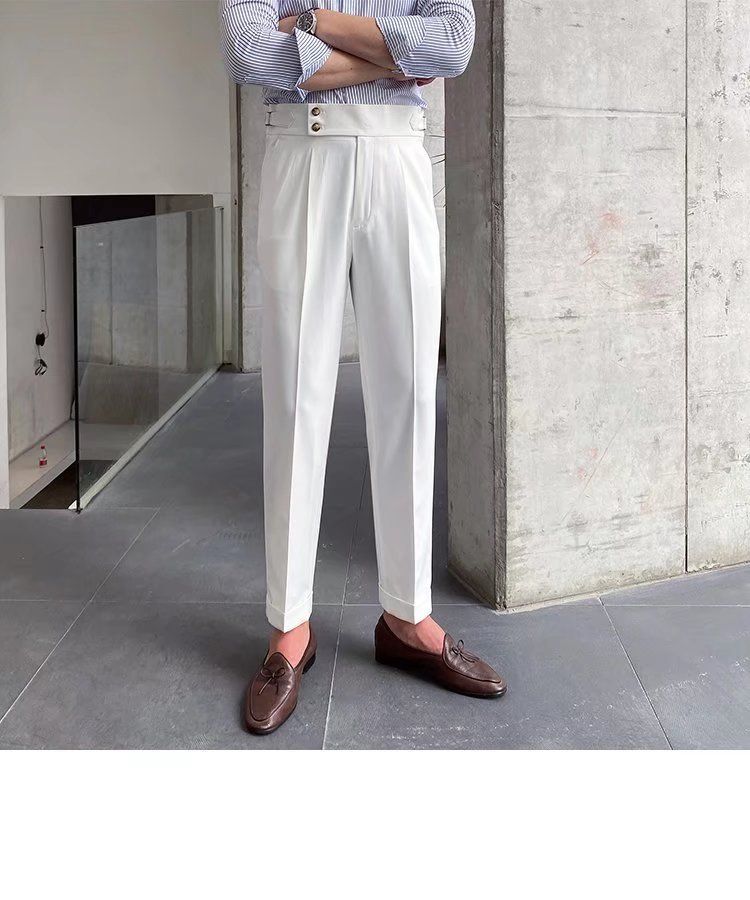 Herrenbekleidung Einfarbige Neun-Punkt-Hose mit hoher Taille Temperament Lässige Business-Hose mit italienischen Pariser Knöpfen Herrentrend_voghion.com