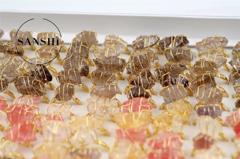 Anello in pietra naturale, anello mobile, pietra grezza irregolare in ametista e cristallo bianco, anello regolabile a carica manuale_voghion.com