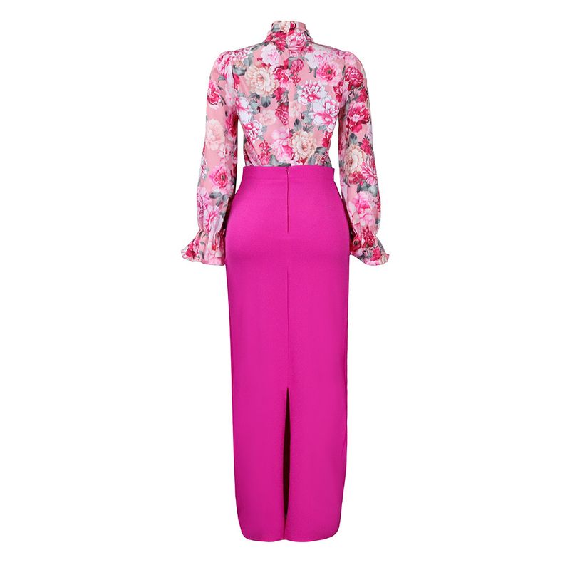Dameskleding Mode Bedrukt Strappy Shirt met Lange Mouwen Rok Lange Rok Tweedelige Set_voghion.com
