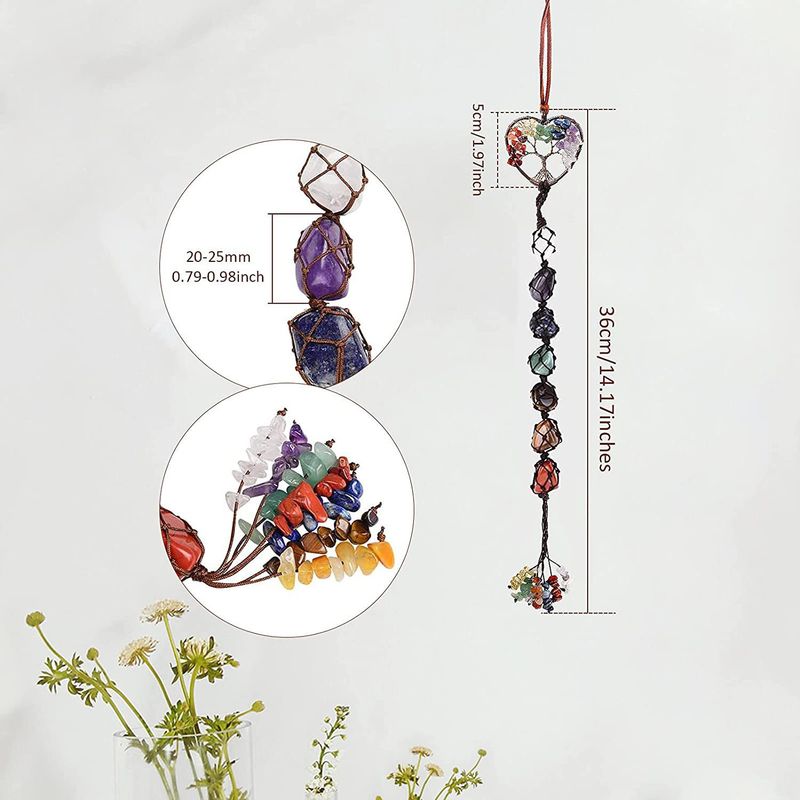 Handwoven 7-Color Crystal Gemstone Tree Of Life Car Hanging Ornament, Dreamcatcher Pendant, Boho Home Decor, Natural Stone Beaded Charm_voghion.com