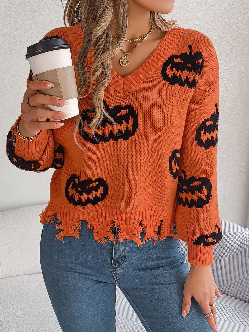 Autumn Winter Halloween Color-Block Pumpkin Cut Long Sleeve Pullover Sweater Women's Fashion_voghion.com