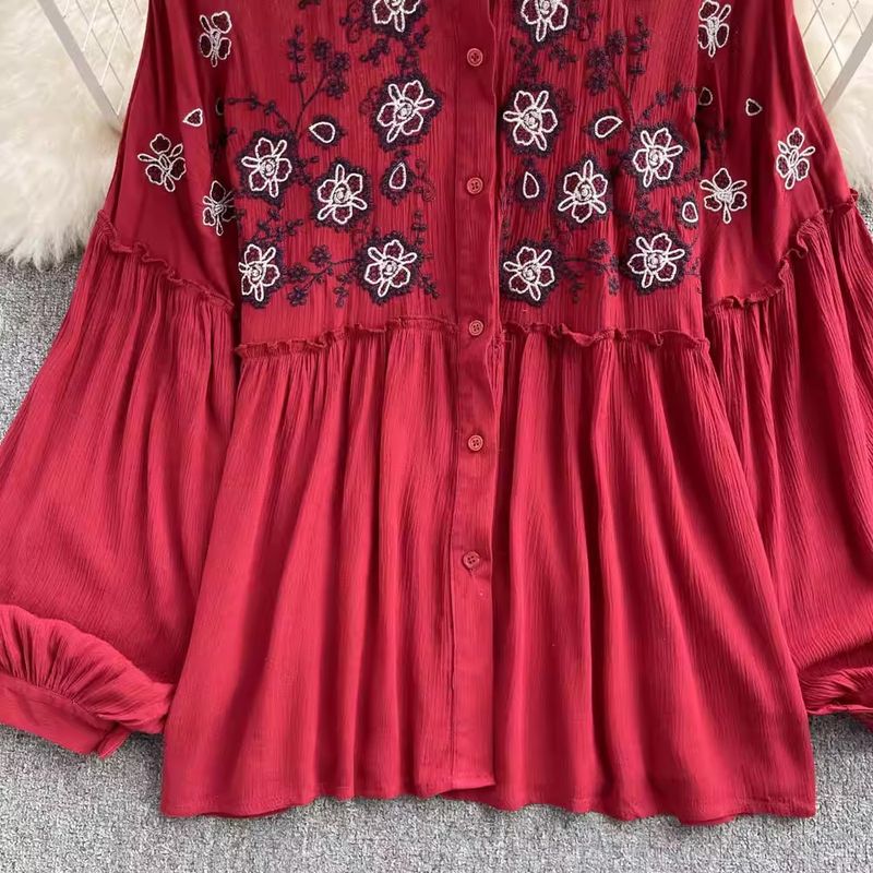 Damenbekleidung, böhmische bestickte Bluse, Damen-Vintage-Blumenbluse, lockere Passform, langärmliges Tunika-Oberteil mit Puffärmeln für lässige Urlaubskleidung_voghion.com