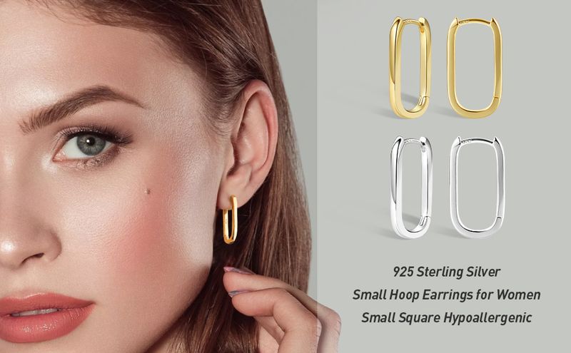925 Sterling Silver Hoop Earrings For Women Trendy Small Square Hypoallergenic 14K Gold Plated Hoop Earrings Geometric Minimalist Rectangle Hoops_voghion.com