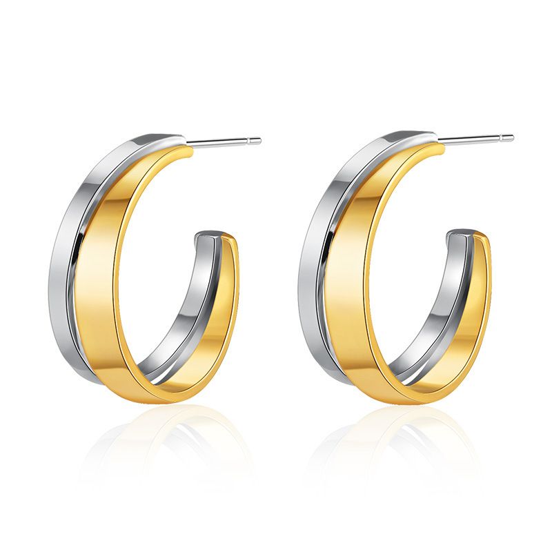 Gold and silver contrasting design personality earrings K real gold plated niche metal texture cross twist earrings_voghion.com