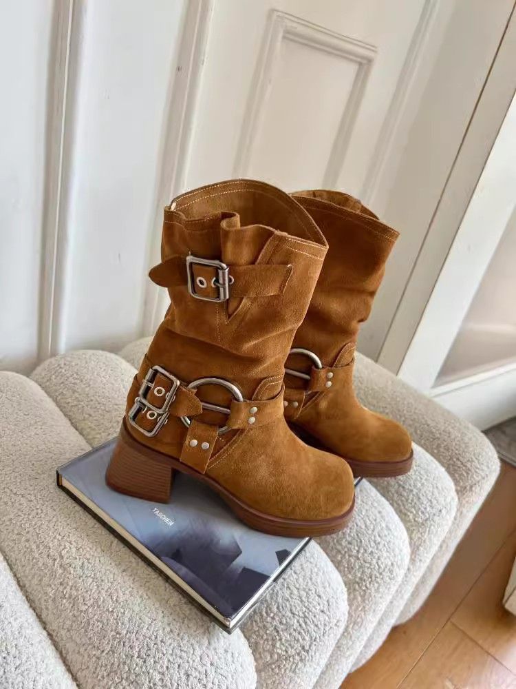 Matte Cowhide Western Cowboy Women's Genuine Leather Thick Heeled Short Boots, Square Toe Brown High Heels,_voghion.com