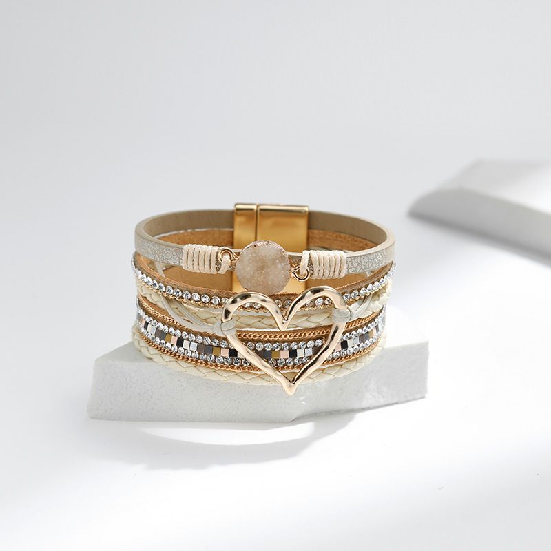 Set di bracciali a strati bohémien - Bracciale rigido regolabile a cuore aperto e catena con perline_voghion.com