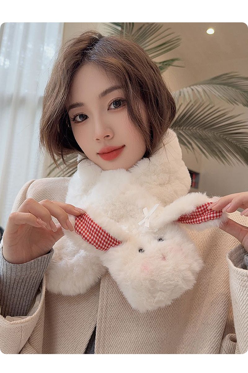 2024 New Cute Little Rabbit Hairy Cross Neck Women's Fashion Versatile Winter Windproof and Cold proof Scarf_voghion.com
