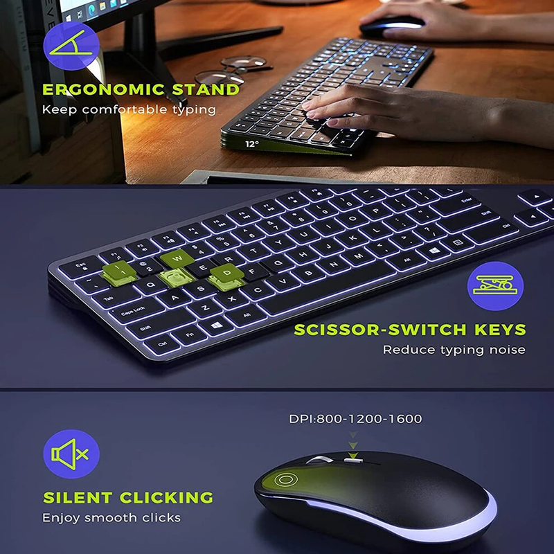 Set tastiera e mouse slim full-size combinati wireless 2.4G USB silenziosi, retroilluminati e ricaricabili NOVITÀ_voghion.com