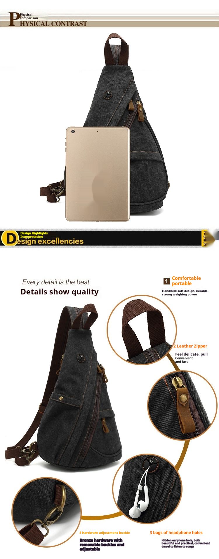 Borsa da petto in tela da uomo alla moda multiuso, borsa da uomo casual di grande capacità, borsa a tracolla singola, zaino posteriore_voghion.com
