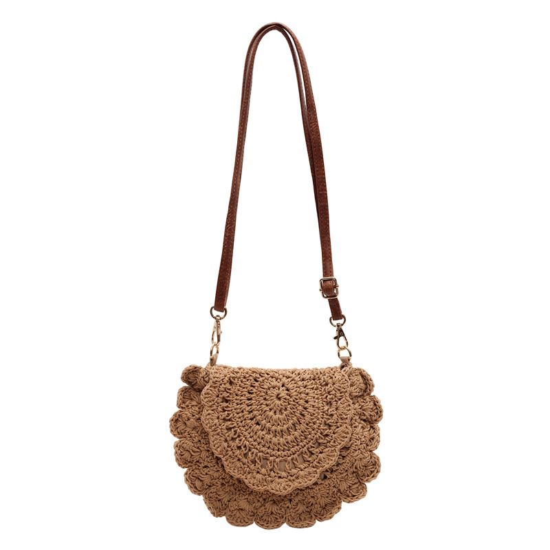 Borsa da spiaggia in paglia con tracolla rotonda in pizzo, stile coreano, traforata, 2025, per le donne_voghion.com