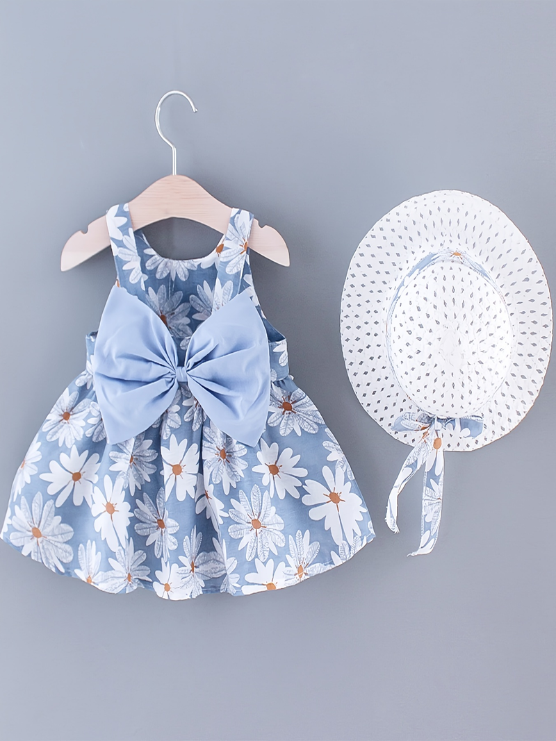 2 buc rochie de plajă cu imprimeu de daisy fără mâneci pentru fete, cu fundă mare, decorată cu fundă mare, și set de haine de vară pentru copii_voghion.com