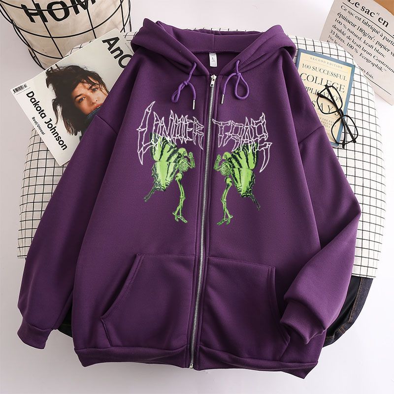 Felpa con cappuccio da donna con cerniera nera a doppio strato, stile teschio, stile farfalla, stile hip hop, stile gotico, stile Harajuku Y2k_voghion.com