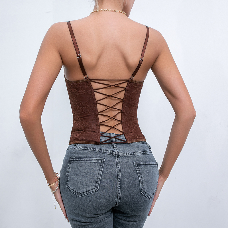 Women's clothing sexy solid color lace suspender fishbone Underwire wrapped chest Breasted backless small vest_voghion.com