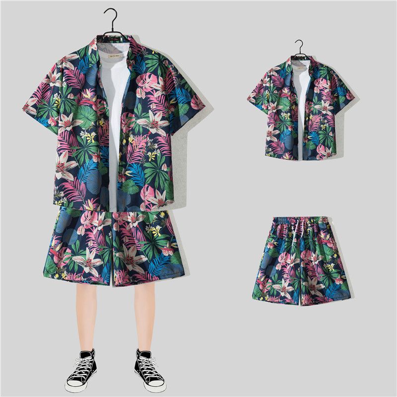 Hawaii Beach Vacation For Men Loose Plus Size Couple Trendy Short Sleeve Floral Shirt Casual Two-Piece Set_voghion.com