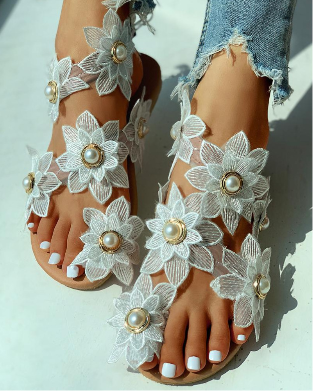 2022 Sunflower 3D Pearl Damen Große Zehen Flache Sandalen Guter Stil_voghion.com