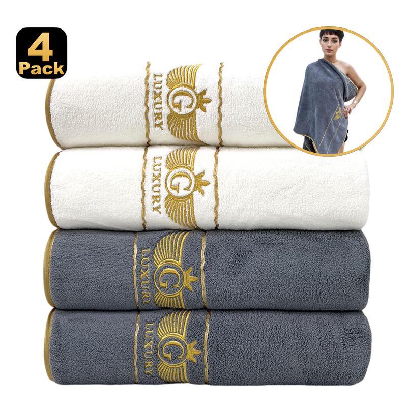 Fein gewebte Badetücher aus Korallenfleece, 4er-Pack, weich und saugfähig für den Haushalt, einfarbig, besticktes Badetuch_voghion.com