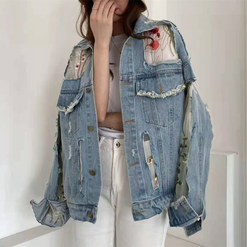 Chaqueas Mujer Yaz Bahar Pantolon Nakış Dantel Pachwork Seksi Denim Jacke Kadın Yıpranmış Püskül Gevşek Kot_voghion.com