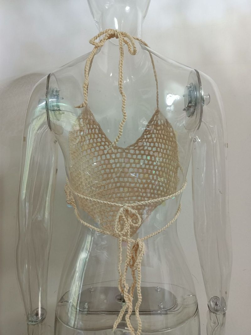 Sexy, ausgehöhltes, rückenfreies Bikinioberteil mit Perlenquasten – trendige Häkelbademode für Damen, ärmellose Strandmode mit V-Ausschnitt in mehreren Farben (S/M/L)_voghion.com