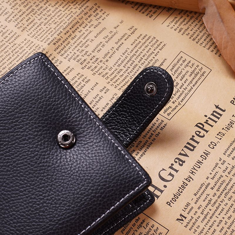 Portafoglio sottile da uomo in vera pelle con cerniera e chiusura a scatto, protezione RFID, scomparti multi-carta, tasca per contanti (nero/cuciture nere, marrone)_voghion.com