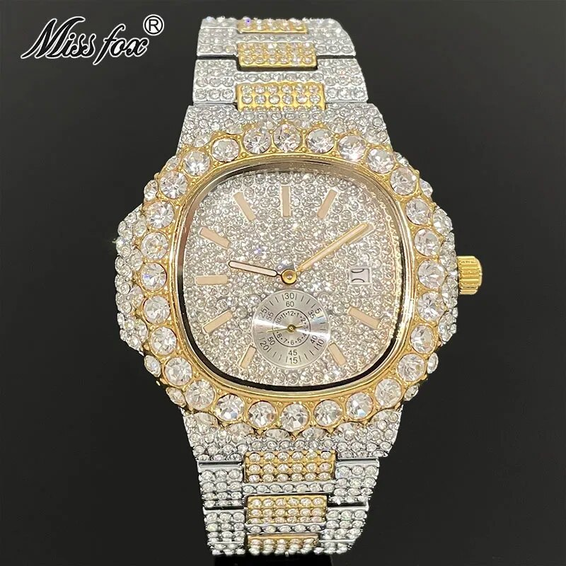MISSFOX Ceasuri Bărbați Automatic Data Fashion Hip Hop Iced Diamond Bling Waterproof Gold Quartz Wrist Watch Mans Reloj 2023_voghion.com
