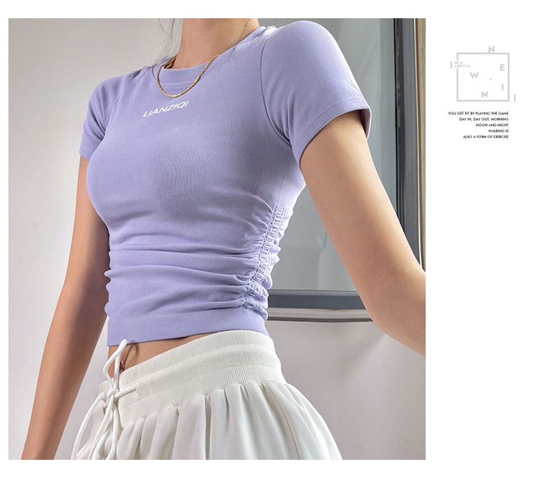 Maglietta sportiva a maniche corte da donna per yoga, asciugatura rapida e traspirante, per allenamento, pilates, spalle scoperte, moda dimagrante._voghion.com