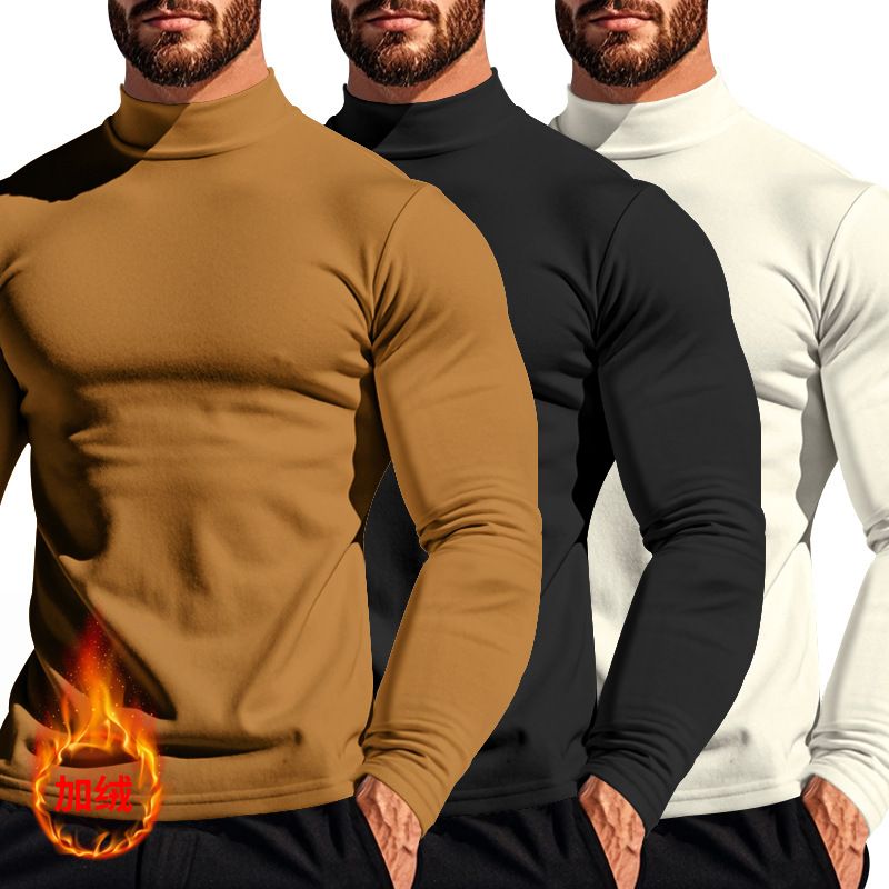 Autumn Winter Thermal Long Sleeve T-Shirt Skin-Friendly Soft Base Layer Half Turtleneck Men's Three-Piece Set_voghion.com