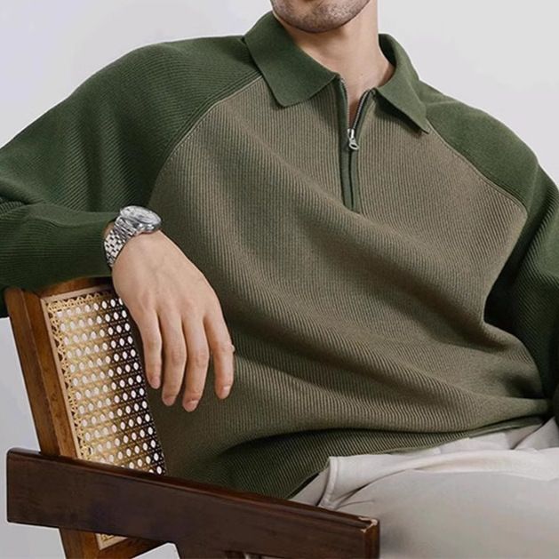 "Herren-Polopullover mit Kontrastkragen und Halbreißverschluss – Übergroßer Strickpullover mit Raglanärmeln, maschinenwaschbar (5 Größen, Grün/Schwarz/Weiß)"_voghion.com