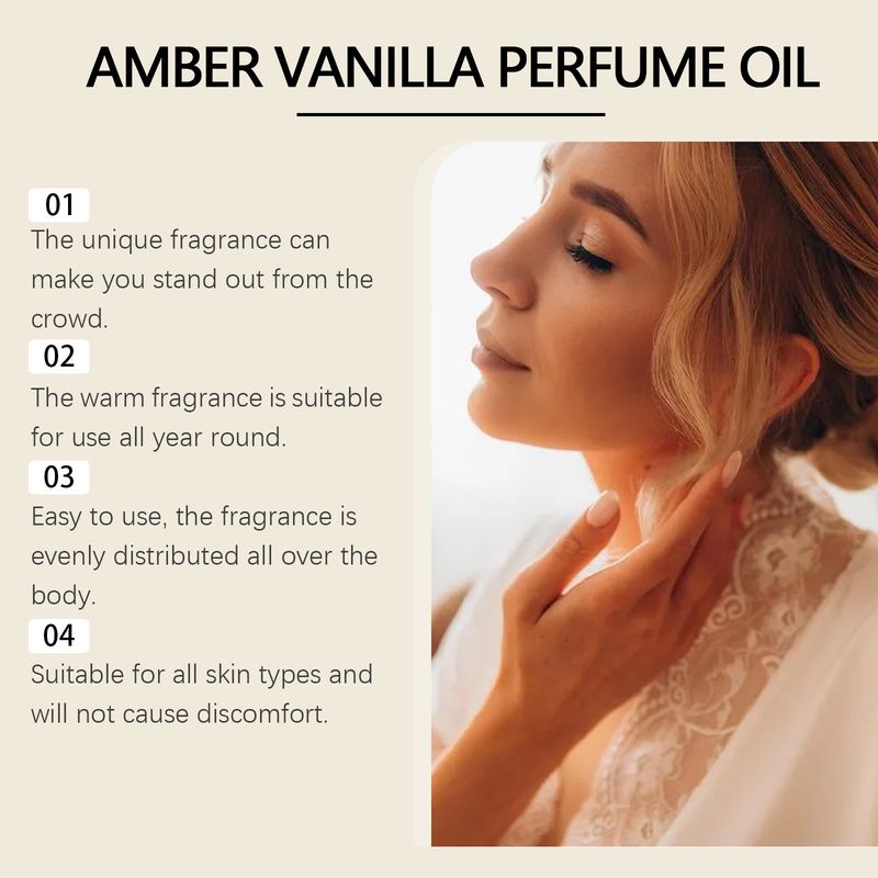 Perfume con textura de aceite esencial de vainilla, suave, fresco, ámbar claro y duradero._voghion.com