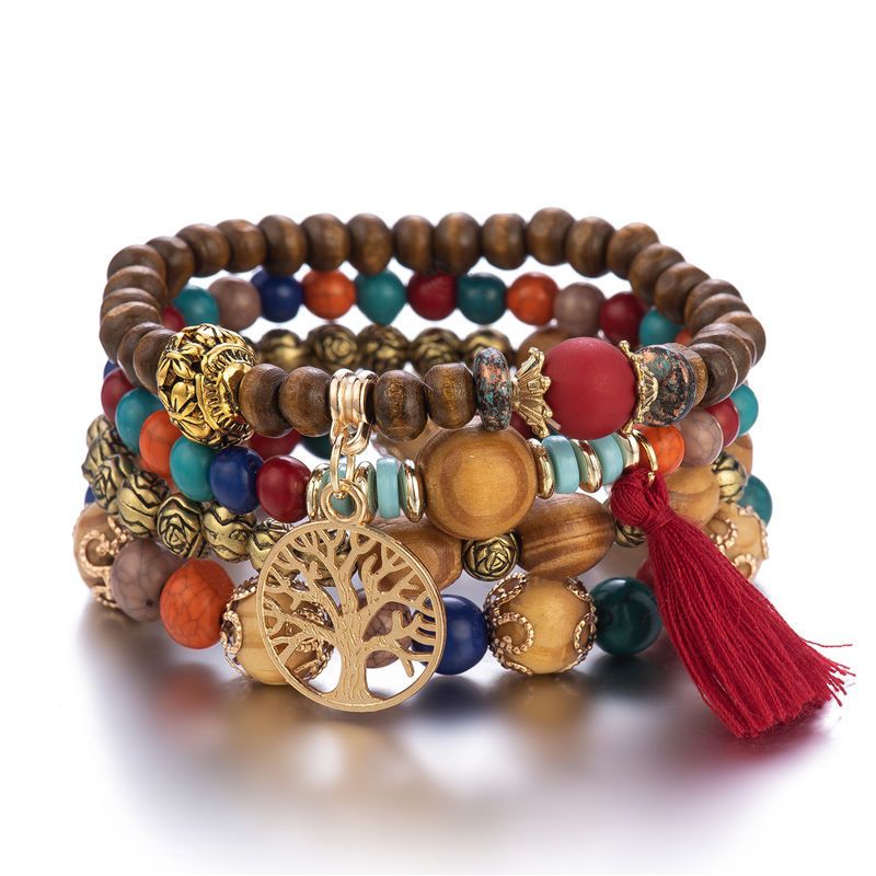 Bracelet en bois perlé multicouche de style bohème Bracelet élastique bijoux à main droite_voghion.com