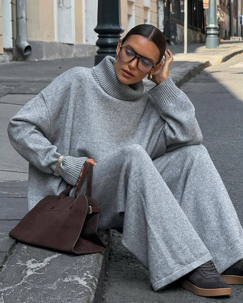 Elegant High-neck Sweater & Straight Leg Pants Set For Women Soft Gray Knitwear Comfortable & Stylish Outfit, Versatile Fall Winter Wardrobe Essential_voghion.com