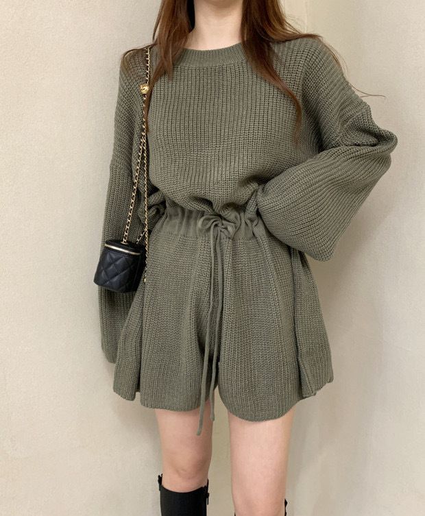 2024 Korean Chic Autumn Round Neck Drawstring Strap Waist Long Sleeve Knitted Wide Leg jumpsuit Shorts for Women_voghion.com