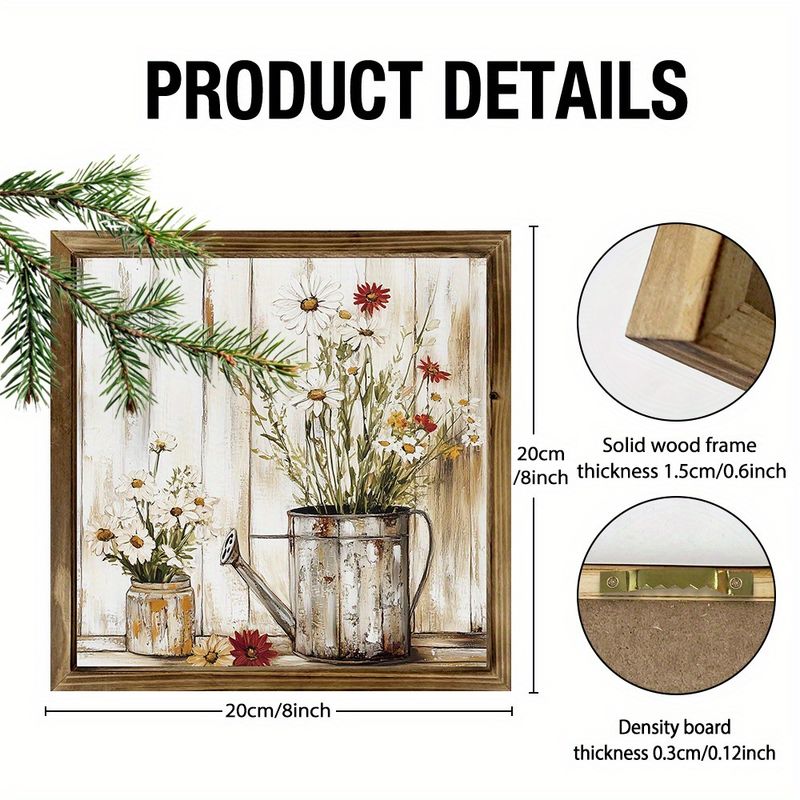 "8x8'' Rustic Wooden Sign - Spring Jasmine & Watering Cans Farmhouse Art, Lightweight Polished Frame, Perfect For Living Room Or Cafe. Ideal Gift!_voghion.com