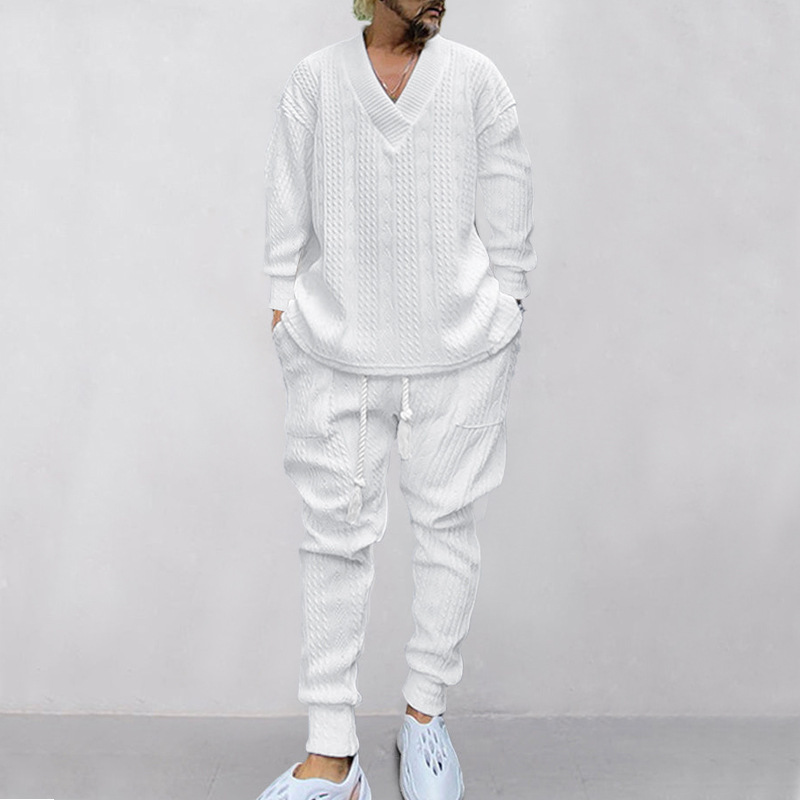 2024 grote jacquard gebreide herentrui met V-hals herfst en winter nieuwe casual sportset_voghion.com