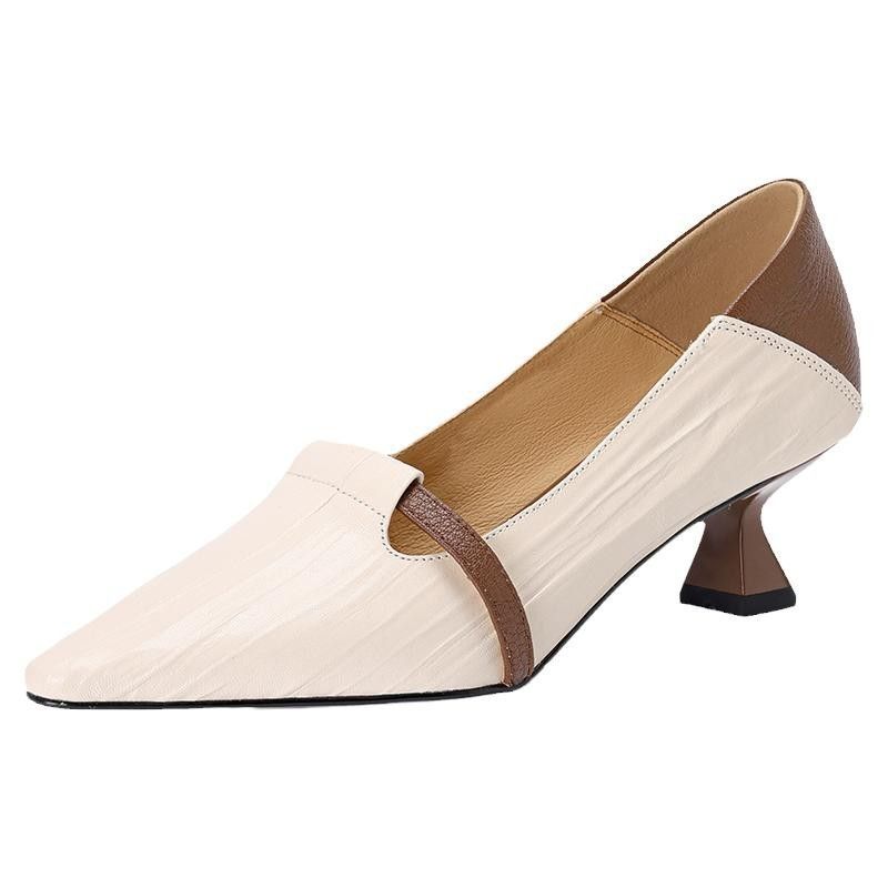 Paris Encounter~ Elegant Pointed Toe Color Block Slip-On Shoes For Women Shallow Mouth Cat Heel High Heels_voghion.com