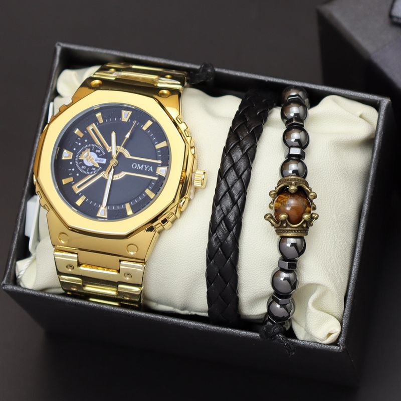 Geschenkbox Uhrenset Herren Quarz Wasserdicht Kalender Uhr Armband Stahlband_voghion.com