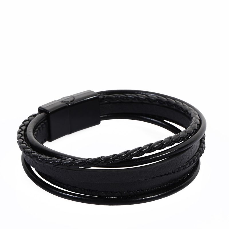 New Braided Fashion Stainless Steel Magnetic Clasp Multi-layer Leather Bracelet_voghion.com