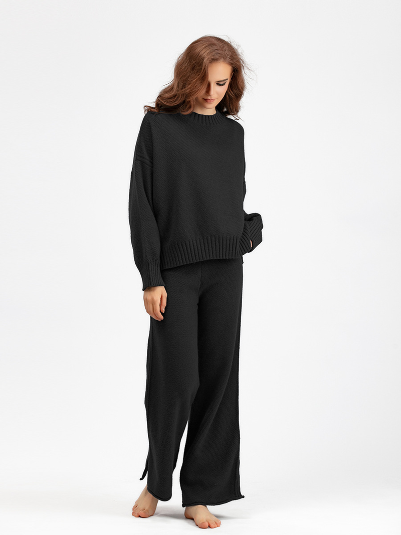 Dammekleeder Hierscht a Wanter nei Moud Casual Strickkostüm Hosen Dammenversioun locker Pullover Breetbeen Hosen Hosen Zwee-Stéck Set_voghion.com