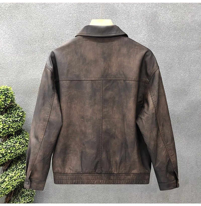 "Men's Retro PU Leather Jacket – Slim-Fit Biker Coat With Stand Collar & Side Pockets (Charcoal/Coffee, L-3XL)"_voghion.com