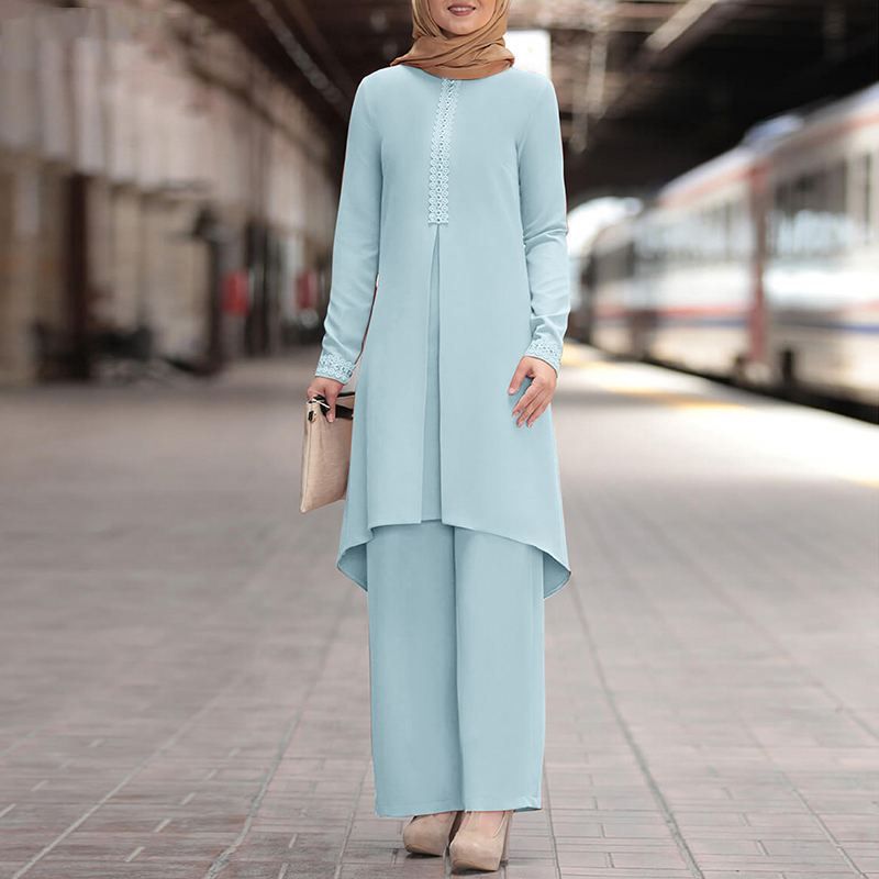 Modern muslimsk damoutfit i två delar - Långärmad spetstopp och enfärgade byxor för vår/höst_voghion.com