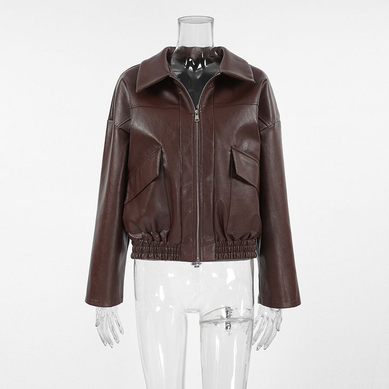 Damenbekleidung Vintage-inspirierte Bomberjacke für Damen – Fliegermantel aus PU-Leder, entspannte Passform, klassisches Braun, Freizeit- und Bürokleidung_voghion.com