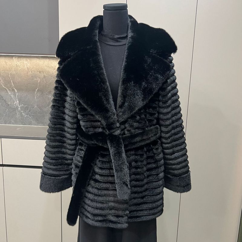 Women's Clothing Eco Friendly Fur Coat, Faux Mink Fur, Short Suit Collar With Horizontal Stripe Belt_voghion.com