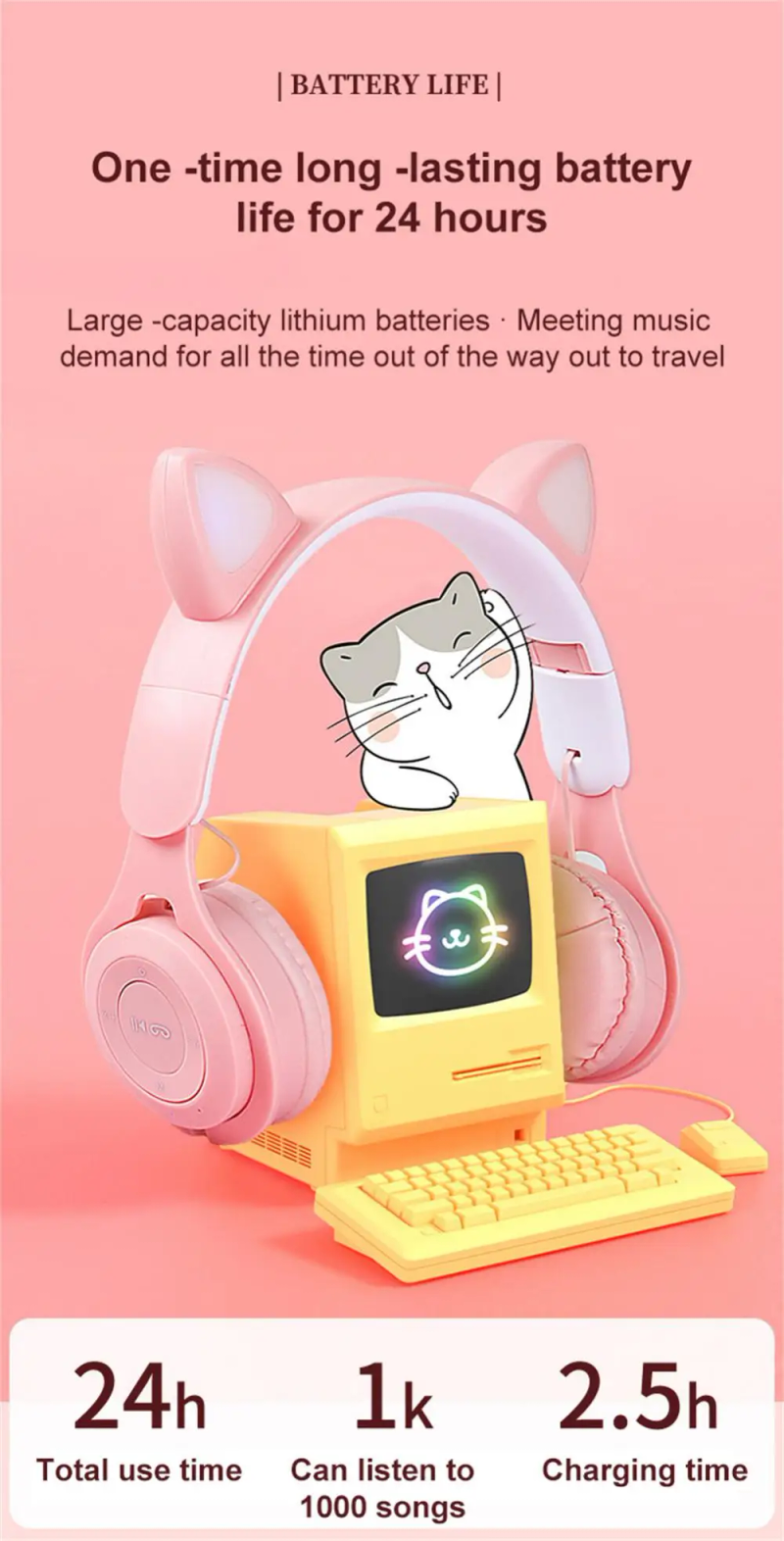 Cute Cat Bluetooth Headphones Wireless Headset Music Earphone With Mic For Iphone 14 13 PC Support TF Card Children_voghion.com