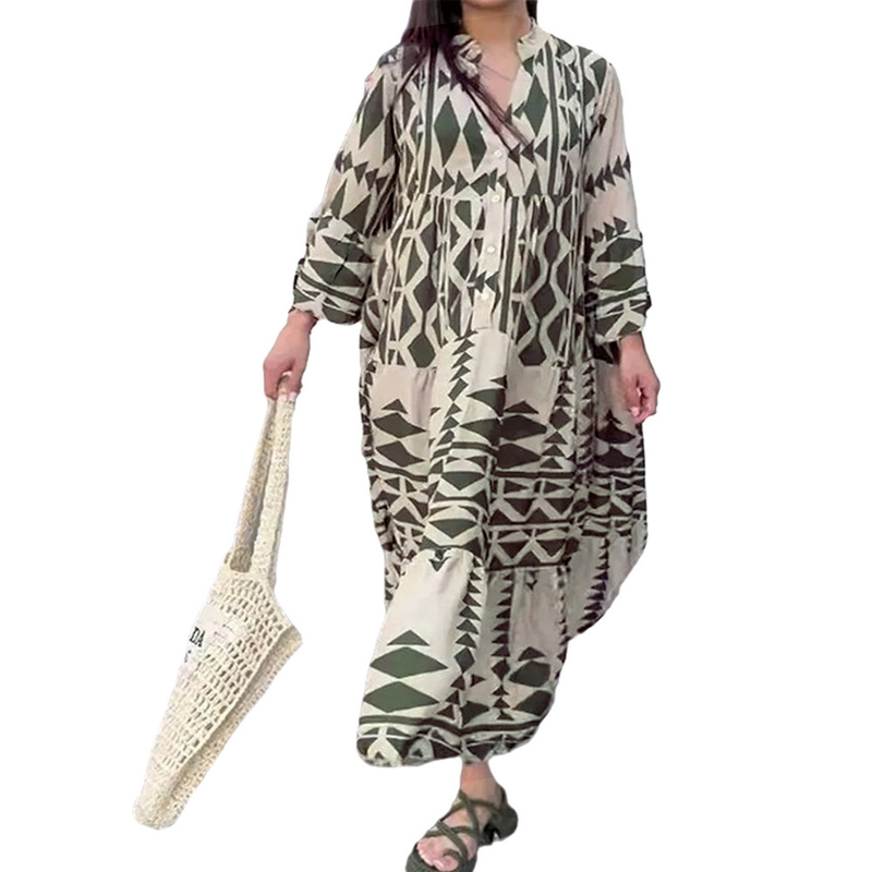 Vestido boêmio estampado feminino grande de outono 2025 para mulheres_voghion.com